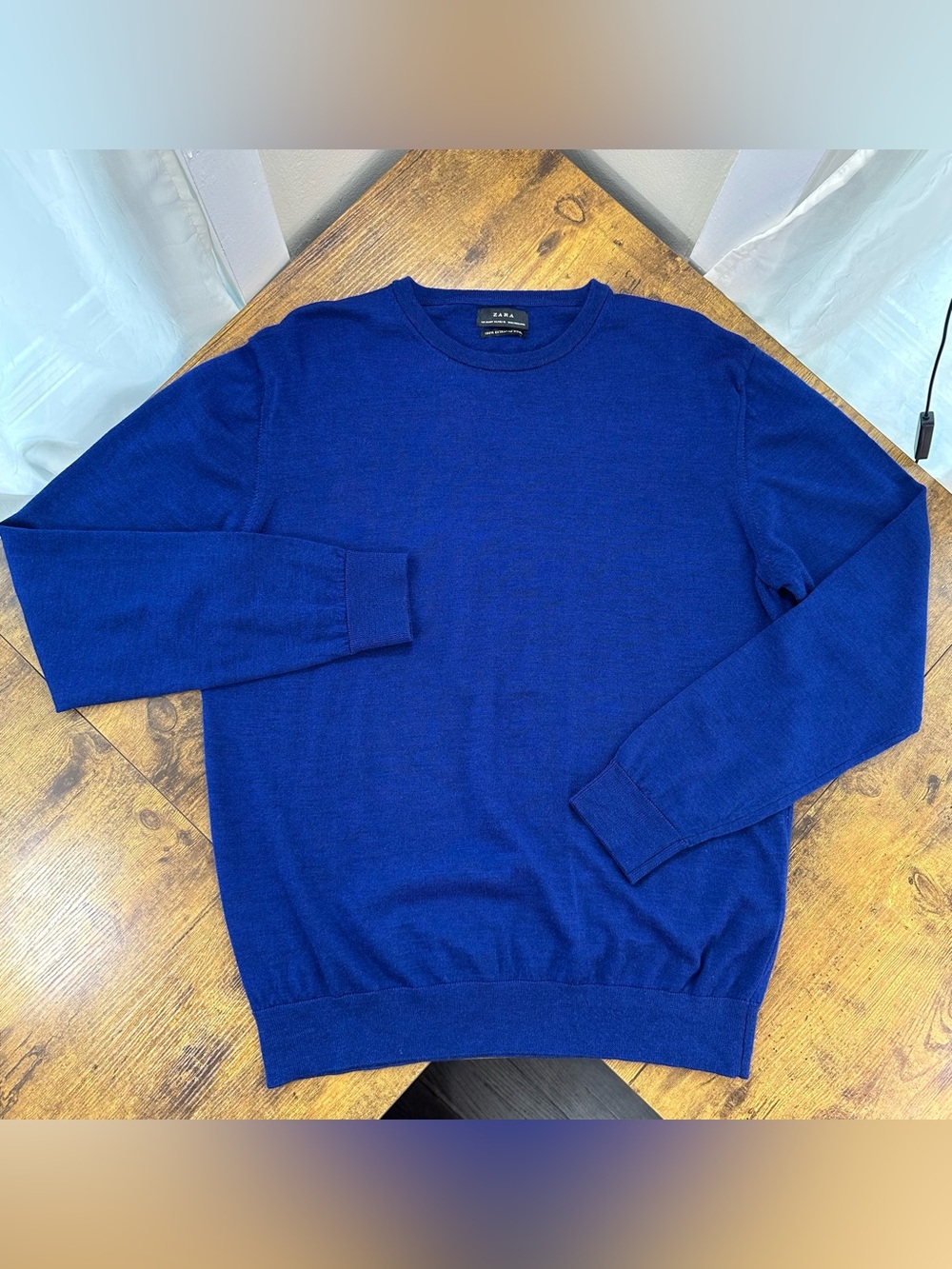 Zara Men's 100% Extrafine Wool Crewneck Sweater, Royal Cobalt Blue, XXL